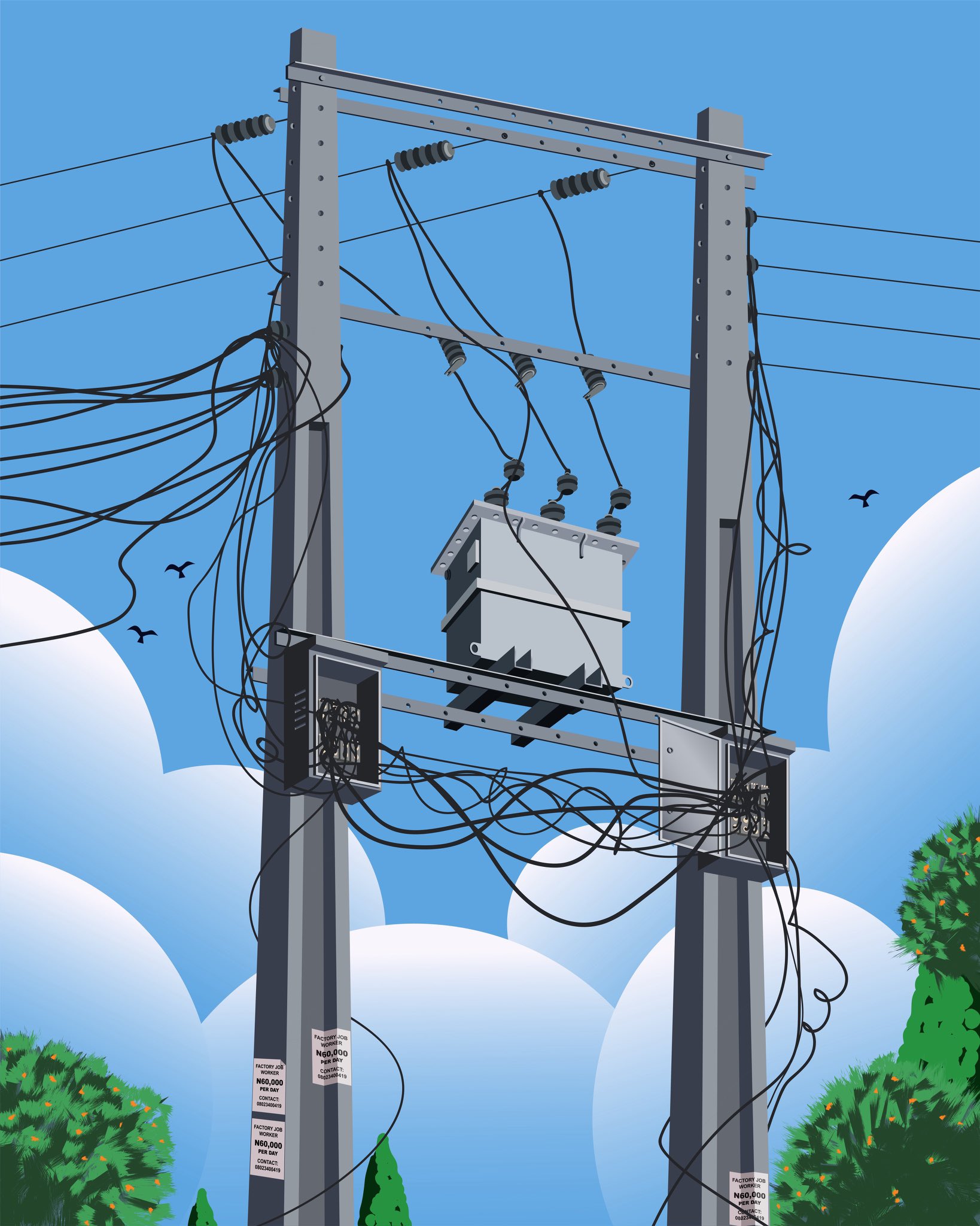Illustration of a power transformer pole