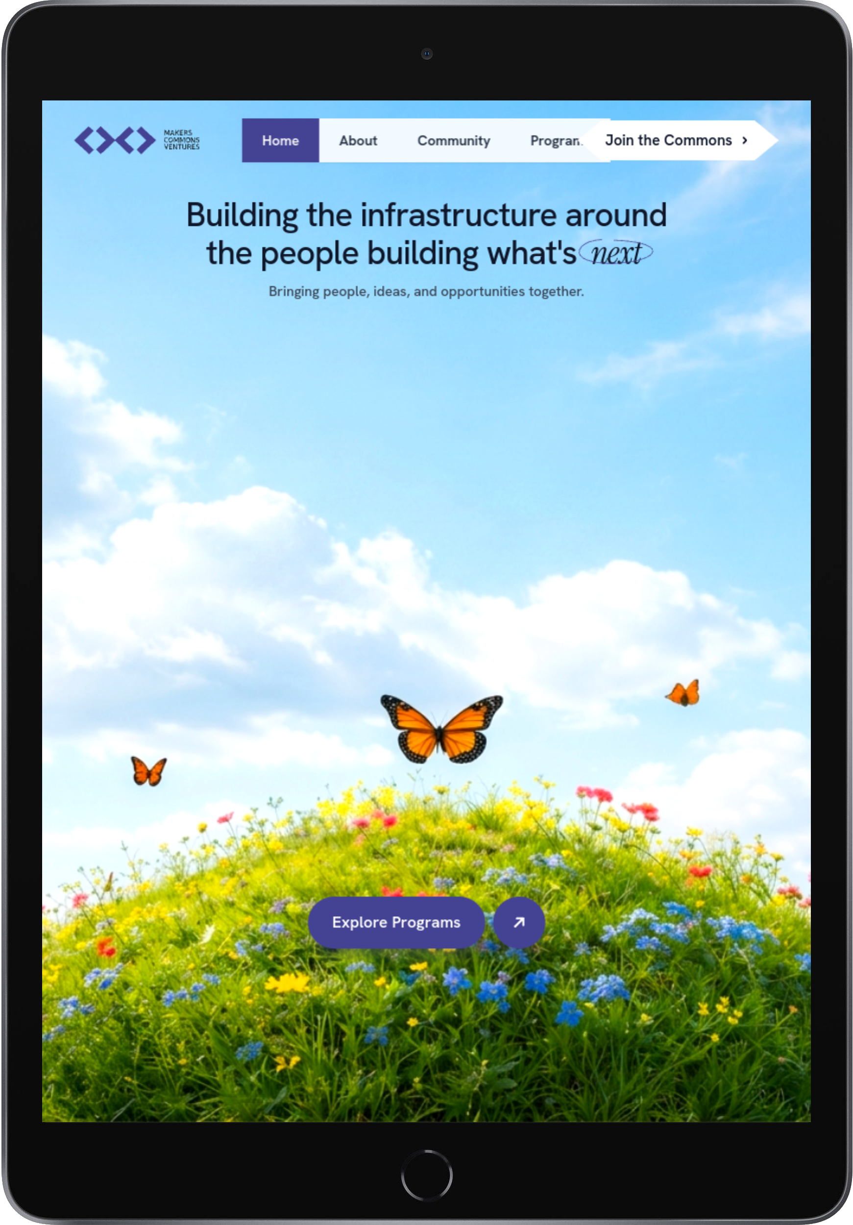 Makers Commons Ventures website, shown on a tablet