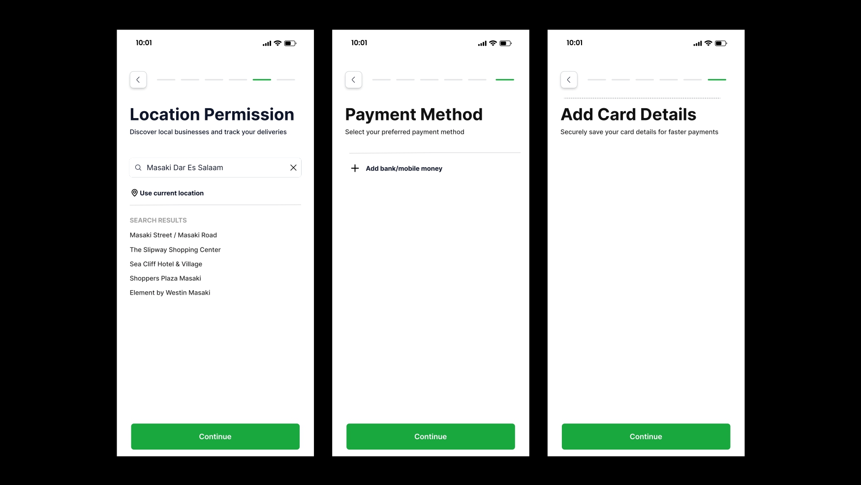 Shopon location and payment screens