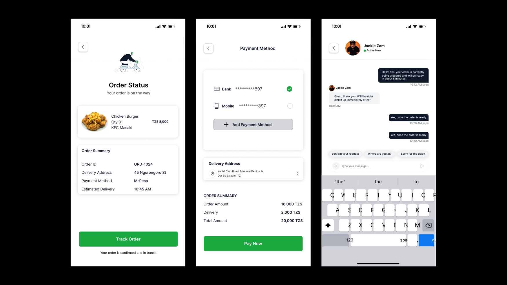 Shopon order status, payment method, and chat screens